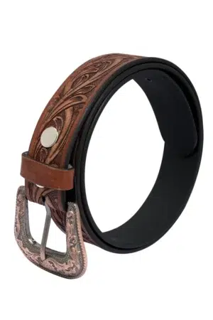Men’s handmade real leather western belt with floral buckle and vintage tooling
