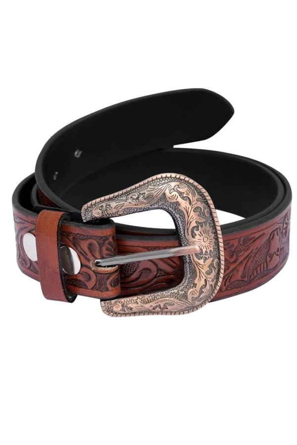 Handmade Western Leather Belt Rolled View – Rustic Brown