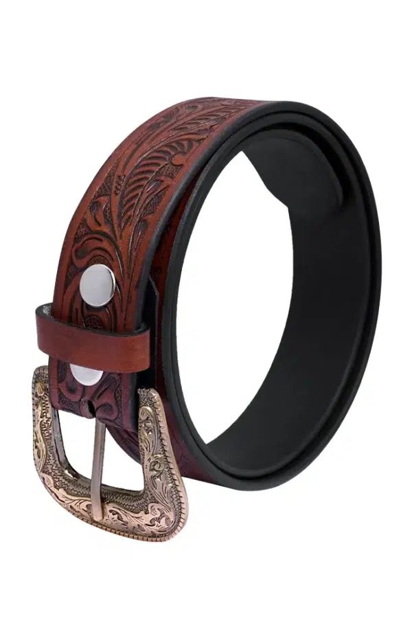 Embossed Brown Leather Belt with Antique Buckle – Side Shot