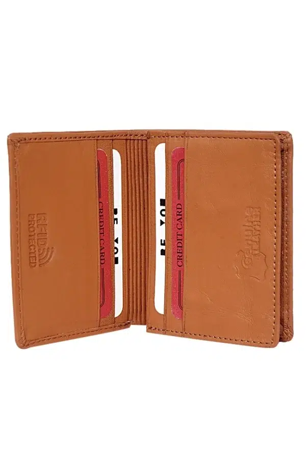 Tan Camel Brown RFID Wallet Filled with Cards and Cash