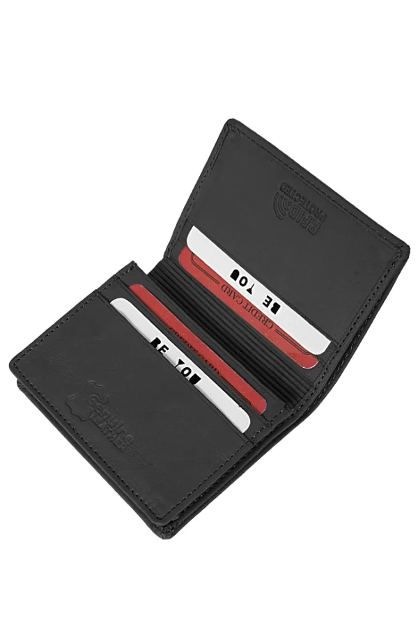 Real Leather Card Holder Open with Cards – Matte Black RFID Wallet