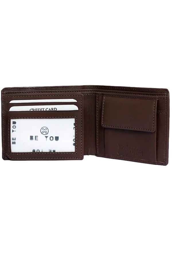 Premium dark brown wallet opened at an angle – showing depth, stitching, and leather quality