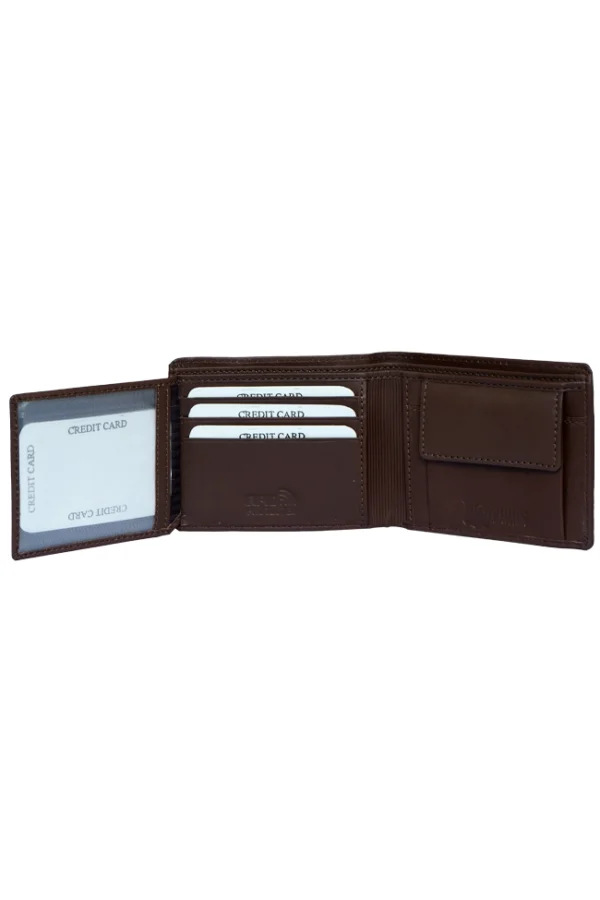 Interior view of men’s dark brown RFID leather wallet with card slots and coin pocket