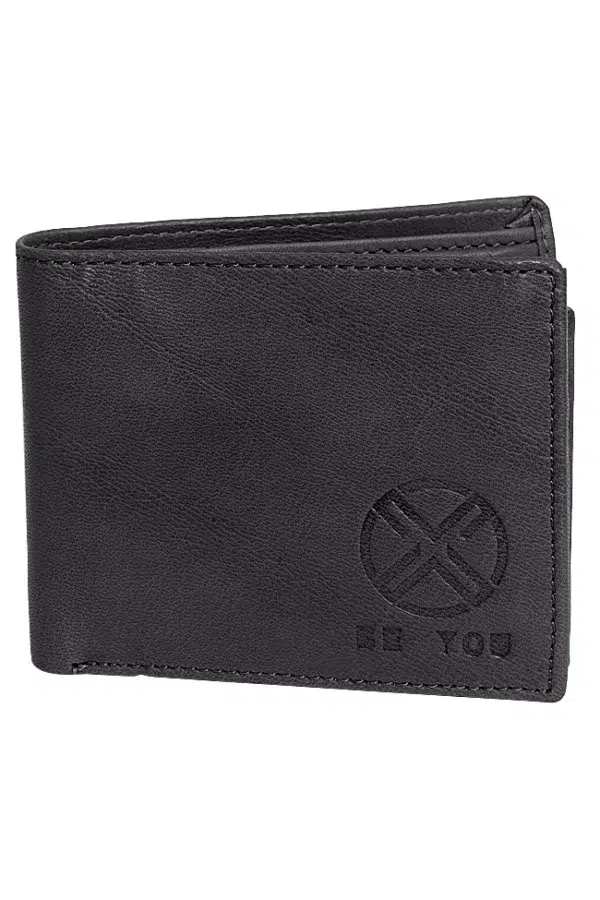 Handmade men’s leather wallet in textured black – front folded view
