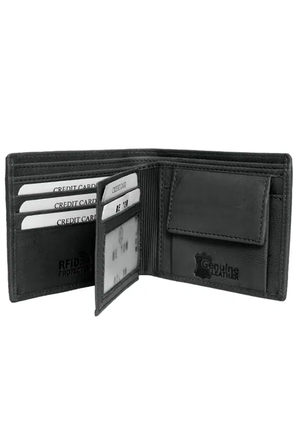 Angled shot of textured black handmade leather wallet showing stitching and structure