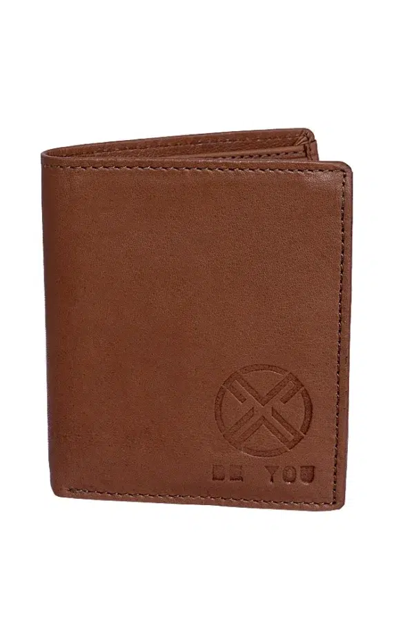 Tan brown handmade leather wallet for men – front view with embossed logo