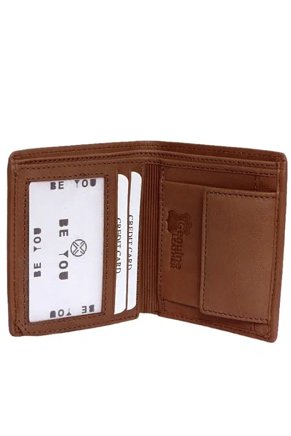 Interior of tan brown leather wallet showing ID window and card slots