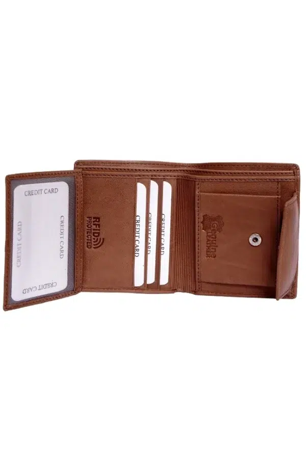 Full interior of RFID-protected tan brown wallet for men with currency slots