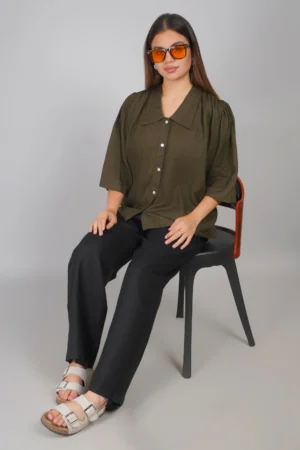 Women’s Pure Linen Button-Down Top – Olive Green | Premium 100% Linen Shirt