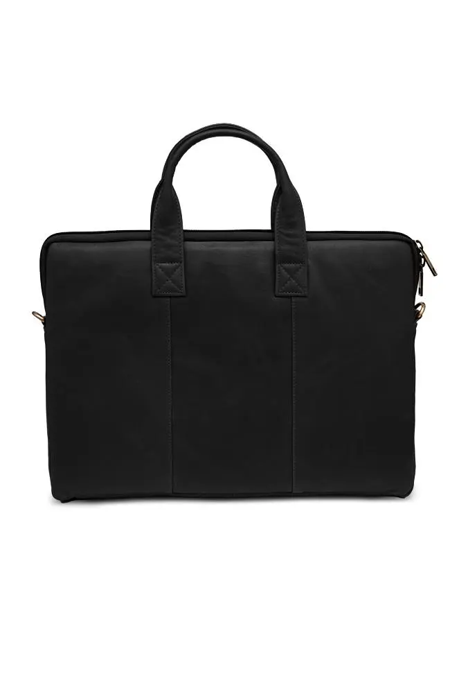 Black full-grain leather laptop bag with reinforced handles and clean professional design