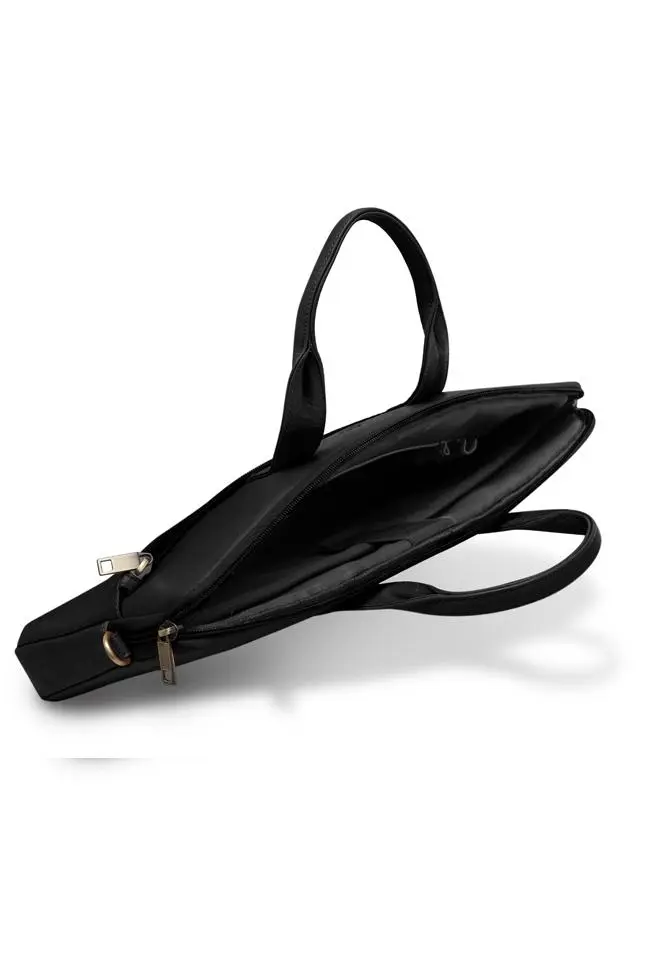 Slim black full-grain leather laptop bag showing zip opening and compact profile