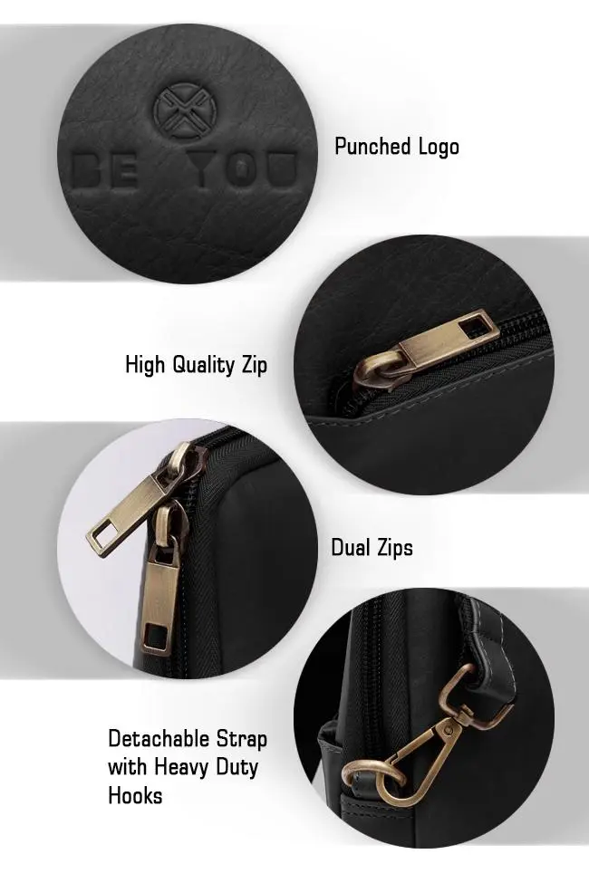 Punched BE YOU logo and high-quality zipper detail on black full-grain leather laptop bag
