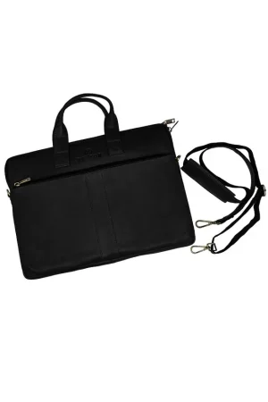 Black full-grain leather laptop bag with detachable shoulder strap and metal hooks