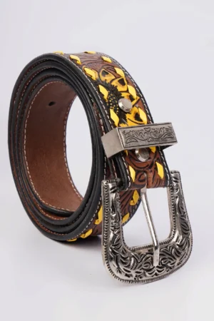 Handcrafted Western Genuine Leather Belt for Men with Yellow Braided Detailing and Antique Engraved Buckle by Beyoustyles