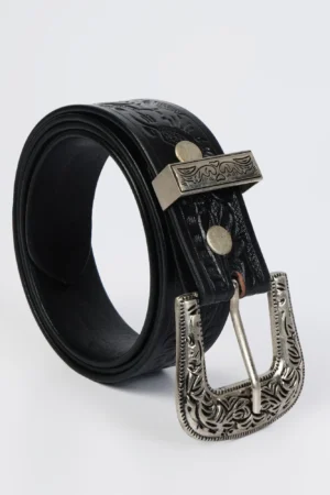 Genuine Black Leather Belt for Men with Antique Engraved Buckle by Beyoustyles
