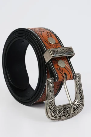Handcrafted Western Genuine Leather Belt for Men with Floral Tooled Design and Antique Silver Buckle