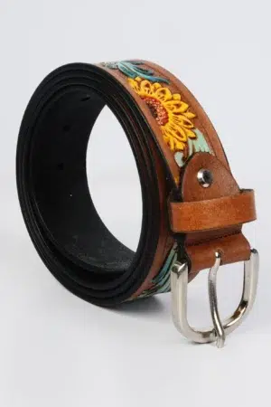 Handcrafted Sunflower Genuine Leather Belt with Hand-Painted Floral Design and Silver Buckle