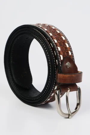 Handcrafted western leather belt side angle view with floral embossed detailing
