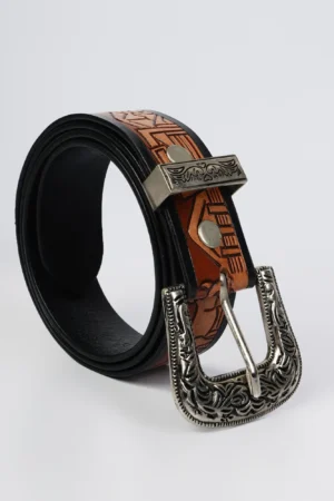 Western embossed leather belt for men rolled display view with silver buckle