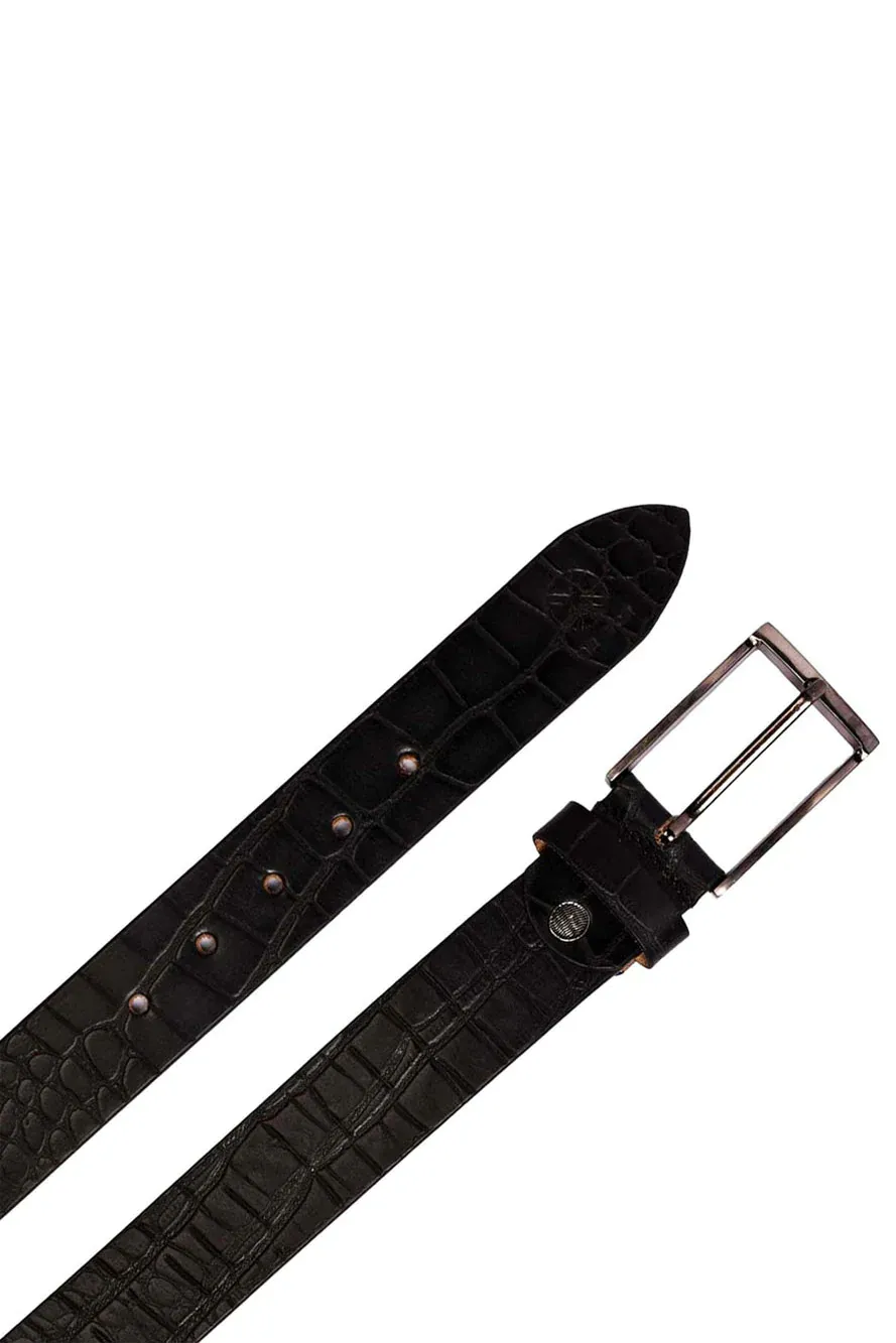 Handmade Black Genuine Leather Belt for Men with Crocodile Embossed Pattern & Brushed Gunmetal Buckle