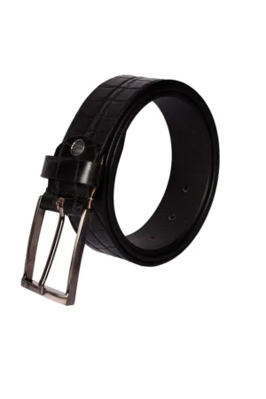 Rolled Handmade Black Genuine Leather Belt with Crocodile Embossed Pattern