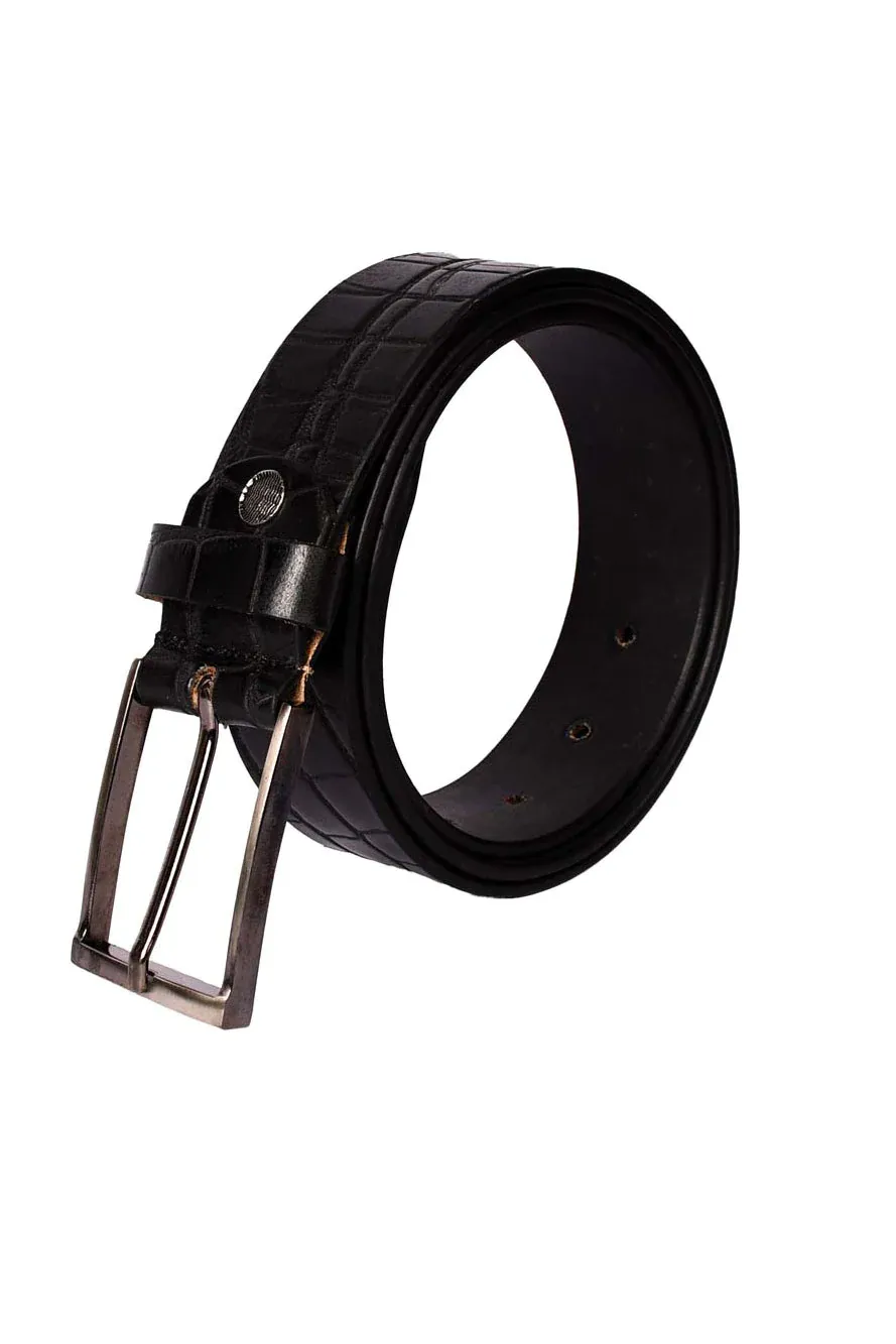 Rolled Handmade Black Genuine Leather Belt with Crocodile Embossed Pattern