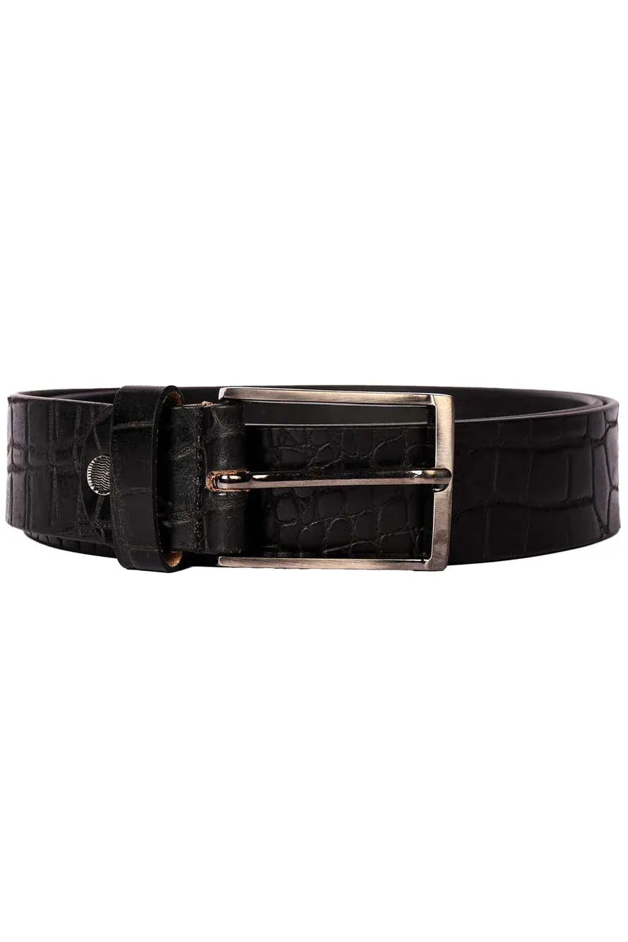 Brushed Gunmetal Pin Buckle on Handmade Black Genuine Leather Belt