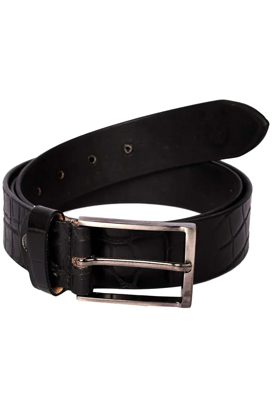 Handmade Black Genuine Leather Belt with Crocodile Embossed Leather Pattern