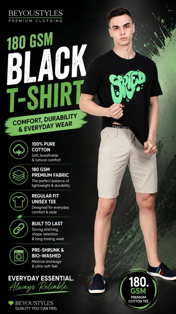 180 GSM black cotton T-shirt for men by Beyoustyles