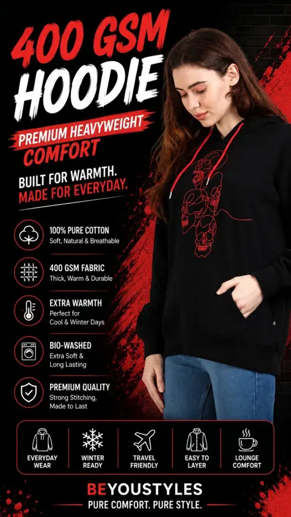 400 GSM women’s black cotton hoodie with red graphic design by Beyoustyles
