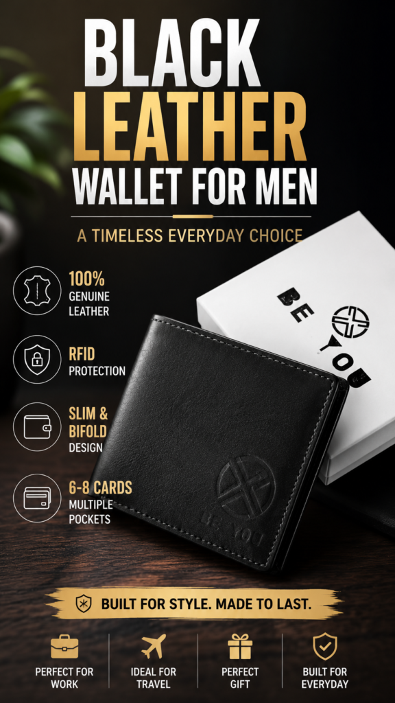 Black leather wallet for men – matte black RFID bifold wallet