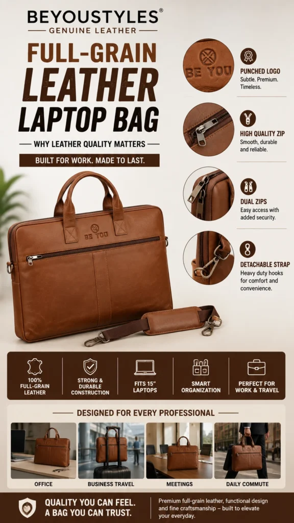 Full grain leather laptop bag for professional work and business travel – Beyoustyles