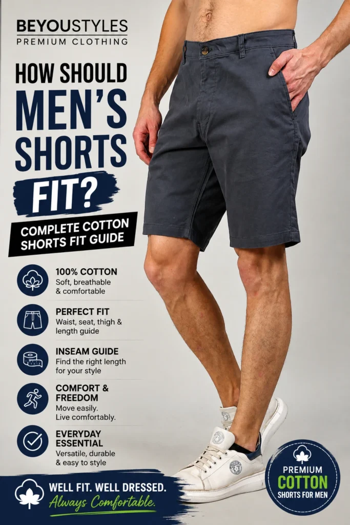 Men's cotton shorts fit guide showing comfortable everyday shorts by Beyoustyles