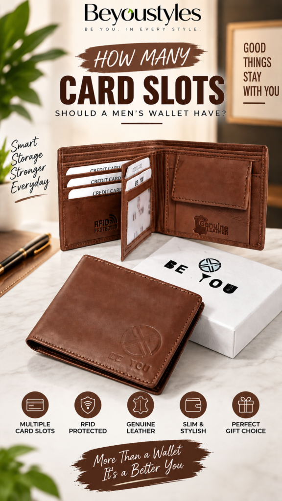 Brown genuine leather men’s wallet with multiple card slots, RFID protection and ID window by Beyoustyles