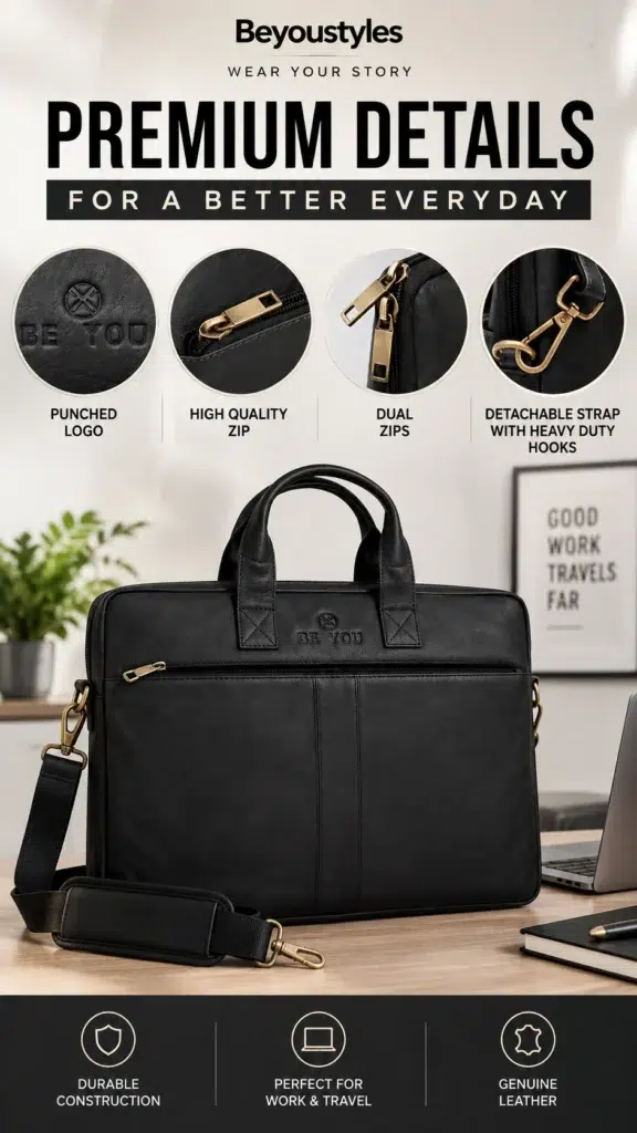 High-quality full-grain leather laptop bag with durable zips and detachable strap