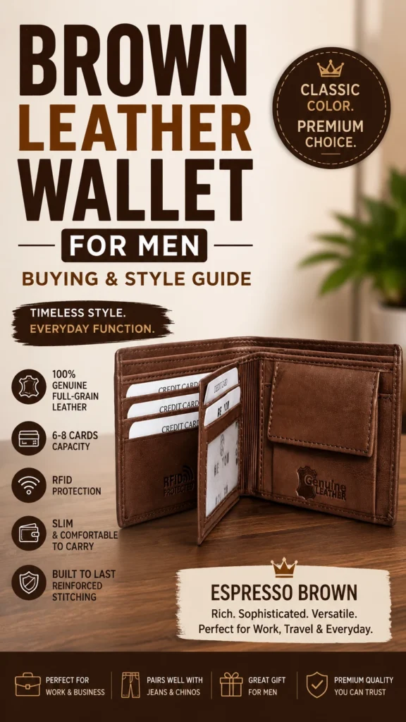 Brown leather wallet for men buying and style guide featuring an espresso brown genuine leather bifold wallet