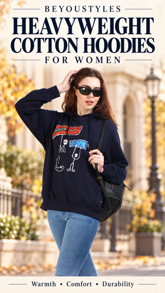 Woman wearing a navy blue Beyoustyles graphic cotton hoodie with jeans against an autumn city backdrop.