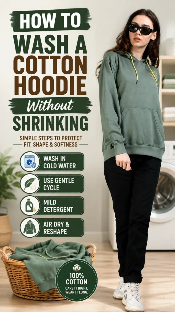 How to wash a women’s cotton hoodie without shrinking using cold water, gentle cycle and air drying