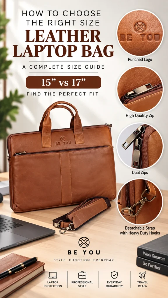 Leather laptop bag size guide for 15 inch and 17 inch laptops