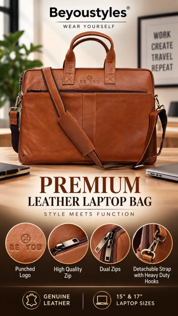 Genuine leather laptop bag with detachable strap, dual zips and premium hardware