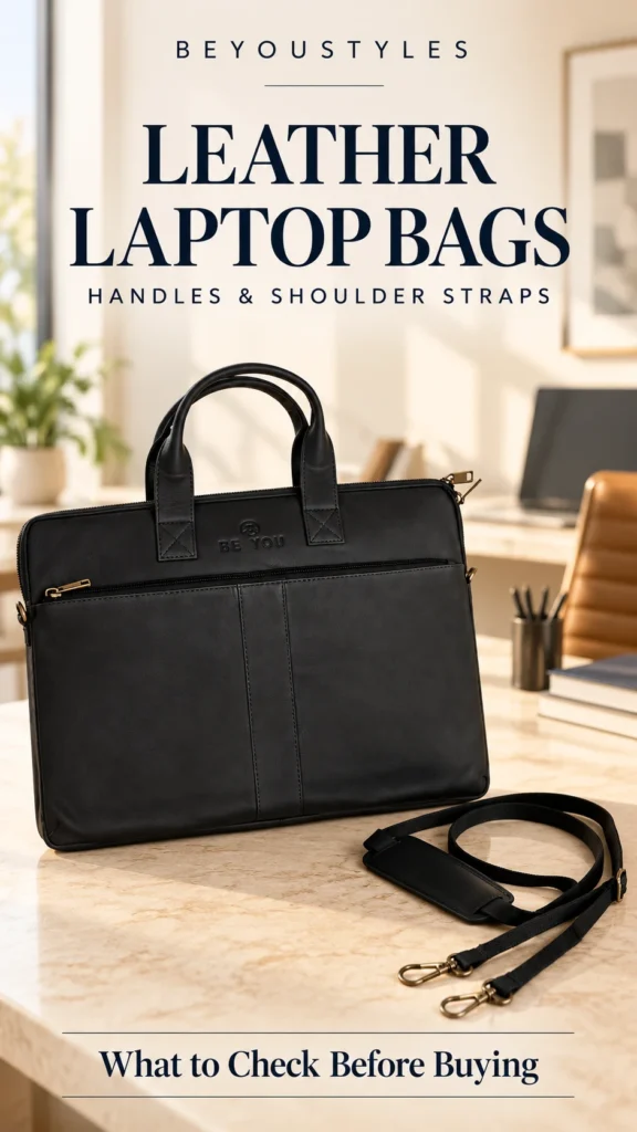Black Beyoustyles leather laptop bag with twin handles and a detached shoulder strap on a beige desk in a modern office.