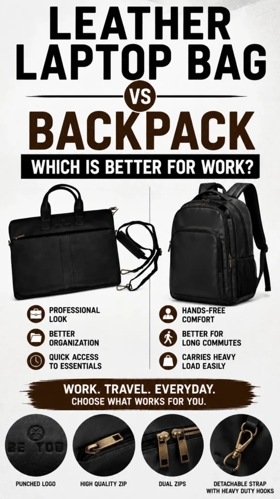 Leather laptop bag vs backpack for work comparison featuring a professional full-grain leather laptop bag