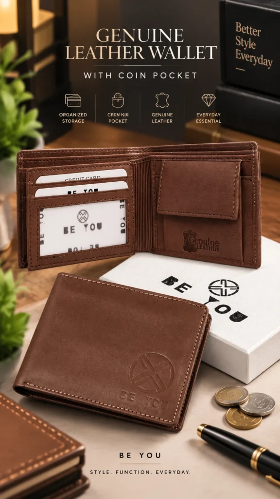 Brown leather wallet with coin pocket for men