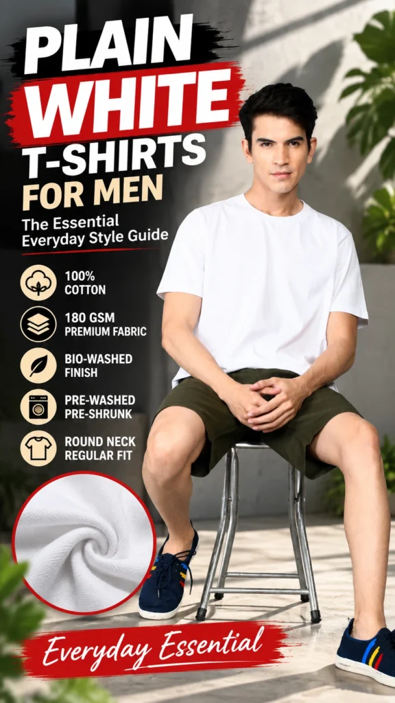 Plain white T-shirt for men – 100% cotton 180 GSM regular fit