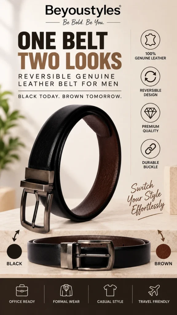 Reversible leather belt for men in black and brown genuine leather by Beyoustyles