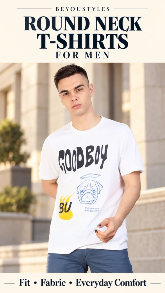 Man wearing a white Beyoustyles round neck graphic T-shirt with blue trousers against a neutral urban backdrop