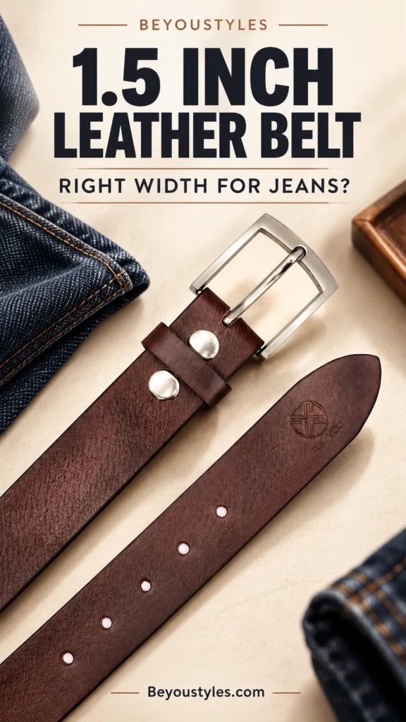 Brown leather belt with a silver buckle beside blue denim in a Beyoustyles belt-width guide thumbnail.