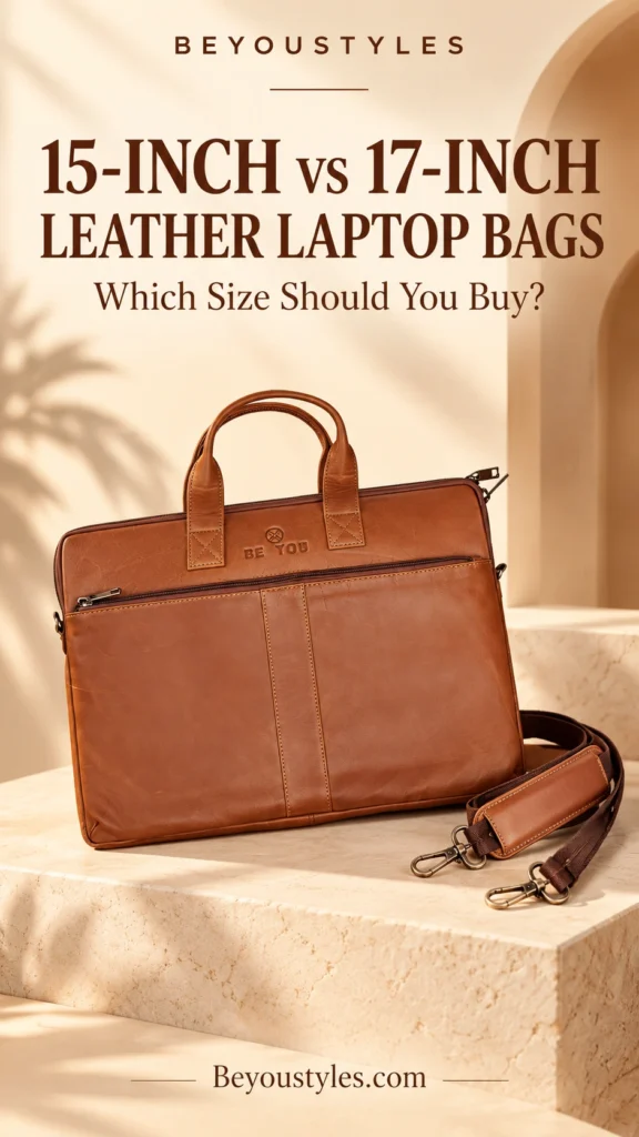 Tan BE YOU leather laptop bag with top handles, a front zip pocket and a detachable shoulder strap on a cream pedestal.
