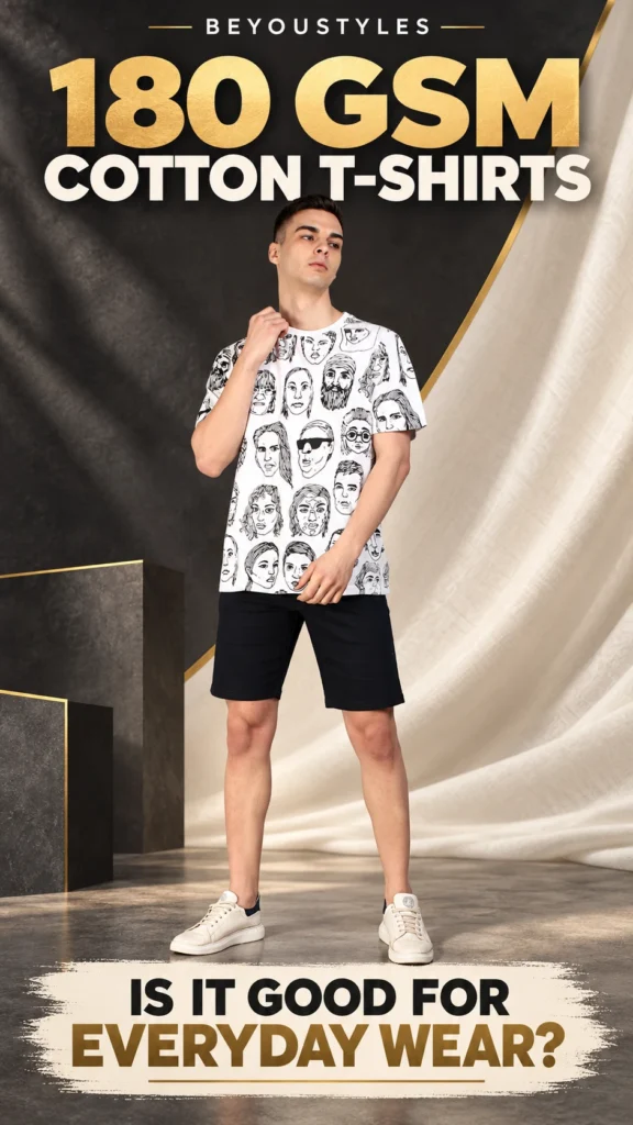 Man wearing a white face-print T-shirt and black shorts in a Beyoustyles thumbnail about 180 GSM cotton T-shirts.