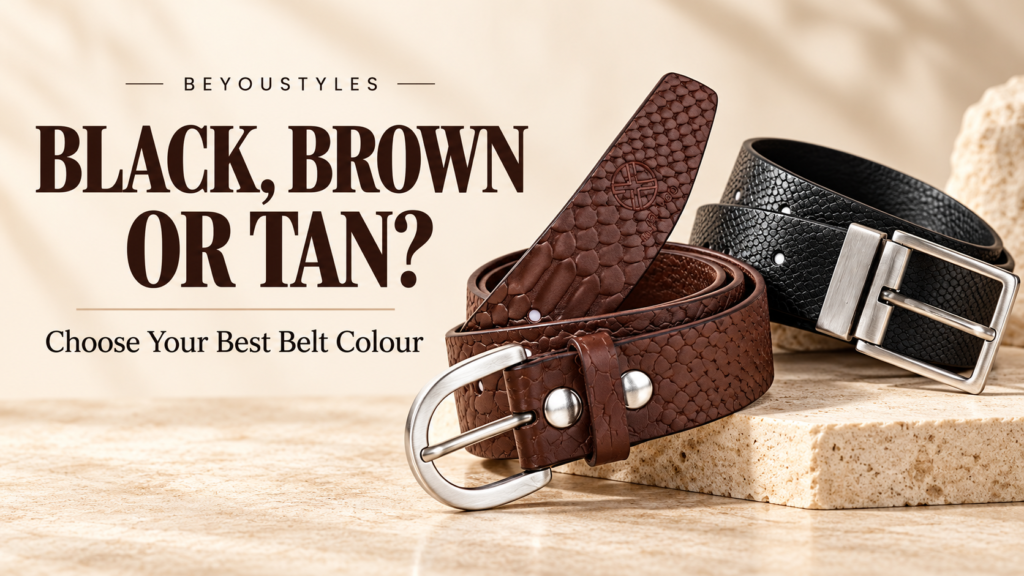Coiled brown and black textured leather belts with silver buckles beside the headline “Black, Brown or Tan?”